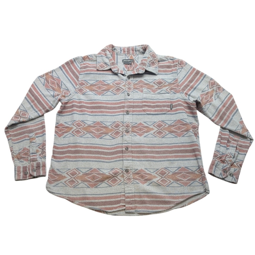 Eddie Bauer Flannel Shirt Mens L Gray Rust‎ Southwestern Geometric Button Down